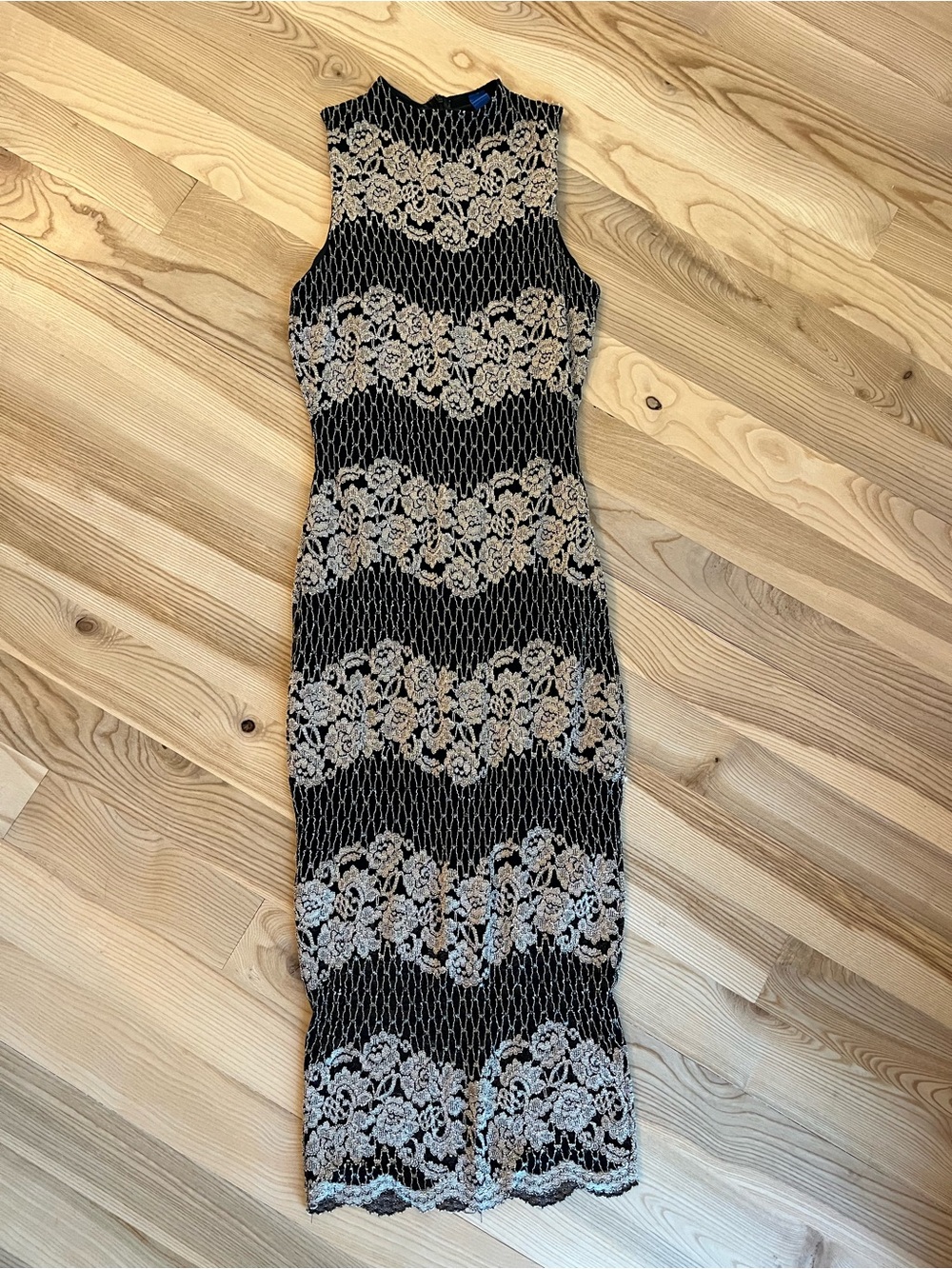 Sleeveless Black Midi Dress with Cream Lace Overlay